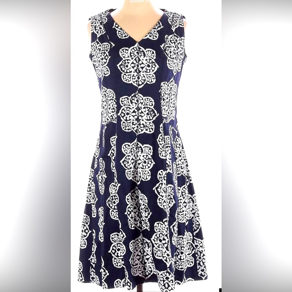 NWT | Nine West Navy Blue White Damask Sleeveless Dress Women's Size 4